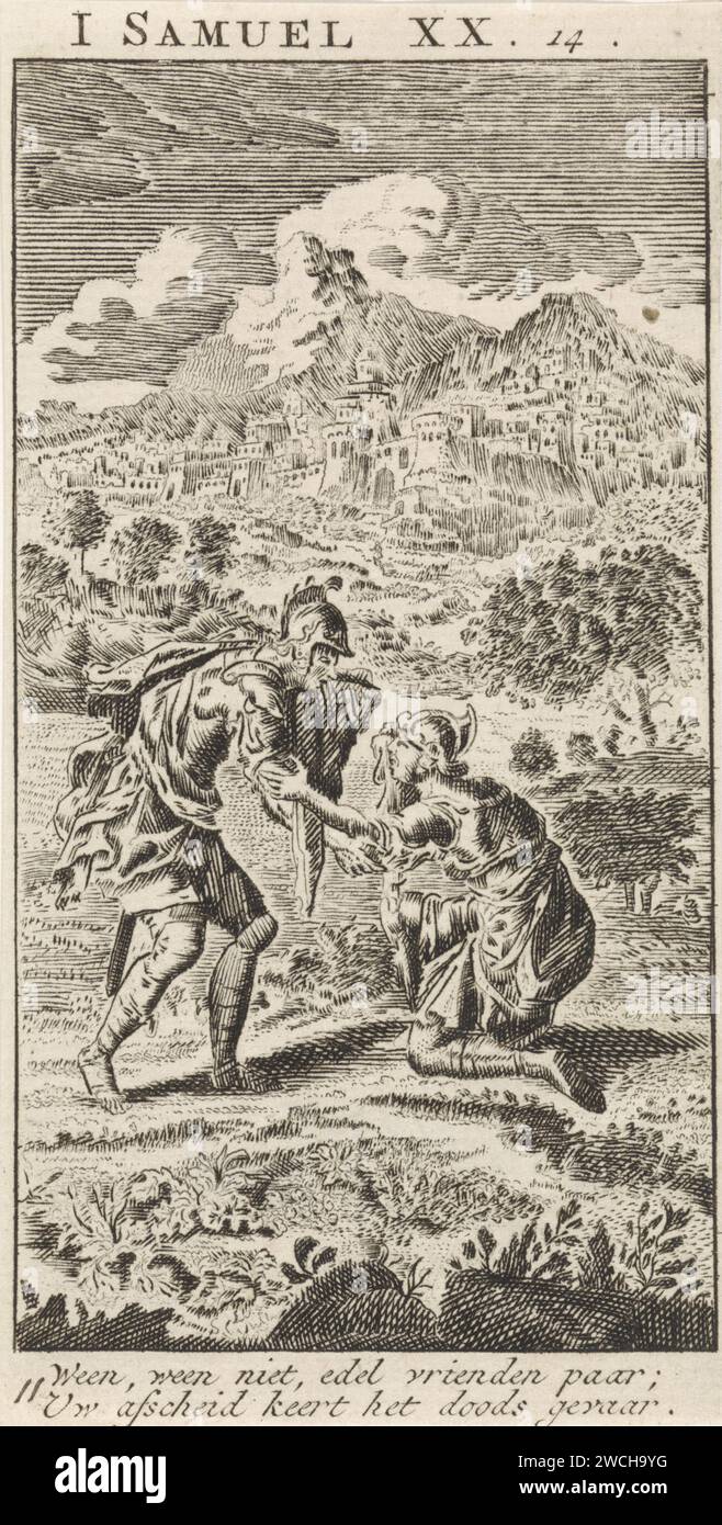 Abschied von David und Jonathan, Anonym, nach Jan Luyken, 1712 Amsterdamer Druckpapier, das David und Jonathan umarmen; Davids Abschied von Jonathan nahm Stockfoto