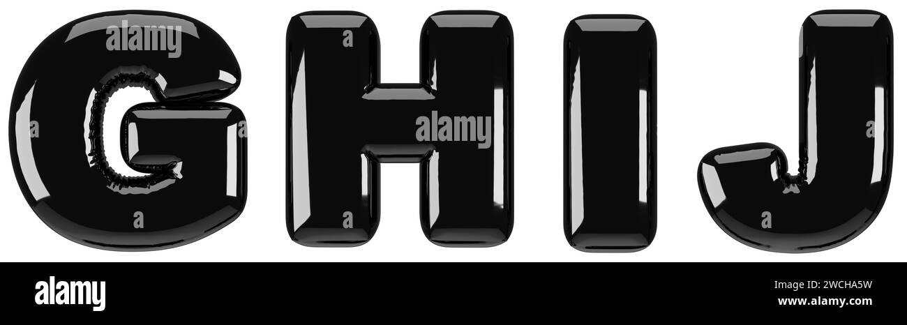 Aufgeblasene Hochglanzschrift G, H, I J Großbuchstaben. 3D-Rendering von Latex-Blasenschriftart mit Glanzeffekt. Grafiktyp, Typografie, ABC-Clipart, Alph Stockfoto