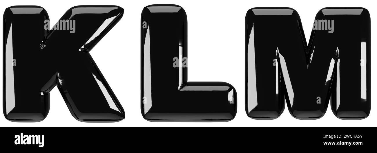 Aufgeblasene Hochglanz-Abbildung in Großbuchstaben K, L, M. 3D-Rendering von Latex-Blasenschriftart mit Glanzeffekt. Grafiktyp, Typografie, ABC-Clipart, Alphabe Stockfoto
