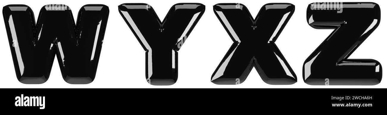 Aufgeblasene Hochglanzschrift in Großbuchstaben W, Y, X, Z. 3D-Rendering von Latex-Blasenschriftart mit Glanzeffekt. Grafiktyp, Typografie, ABC-Clipart, Alph Stockfoto