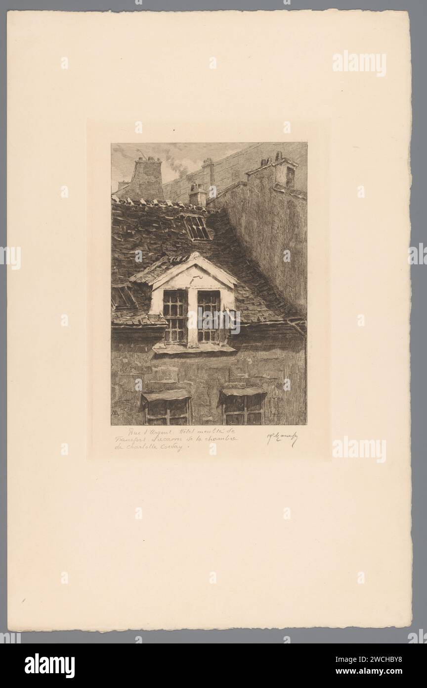 Blick von außen auf das Fenster eines Zimmers im Hôtel de Francfort, Henri Manesse, 1906 - 1911 Druck in diesem Raum, Charlotte Corday beging den Mord an Jean-Paul Marat am 13. Juli 1793. Frankreich: Ätzung/Gravur/Trockenfassade aus Papier (des Hauses oder Gebäudes). Hotel, Hostelry, inn möbliertes Hotel in Frankfurt Stockfoto
