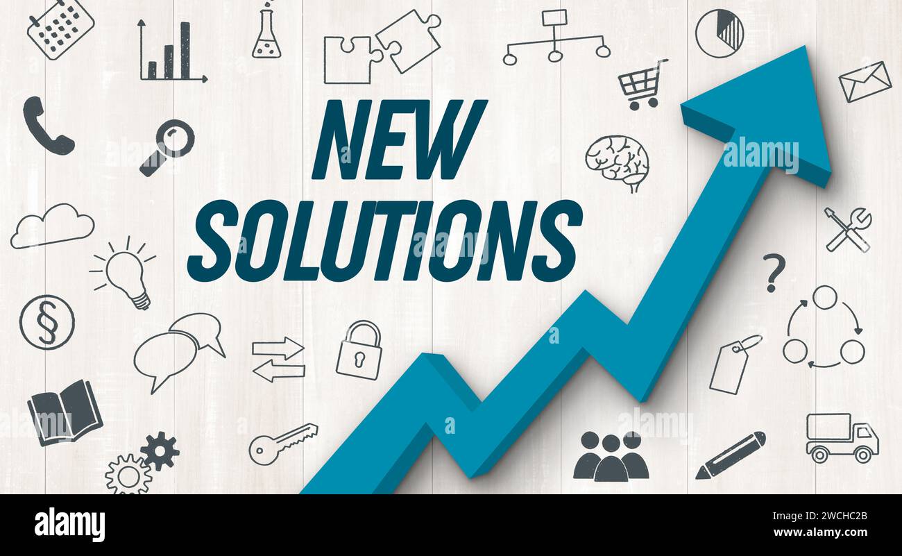 Aufsteigender Pfeil mit Symbolen - neue Lösungen Stockfoto