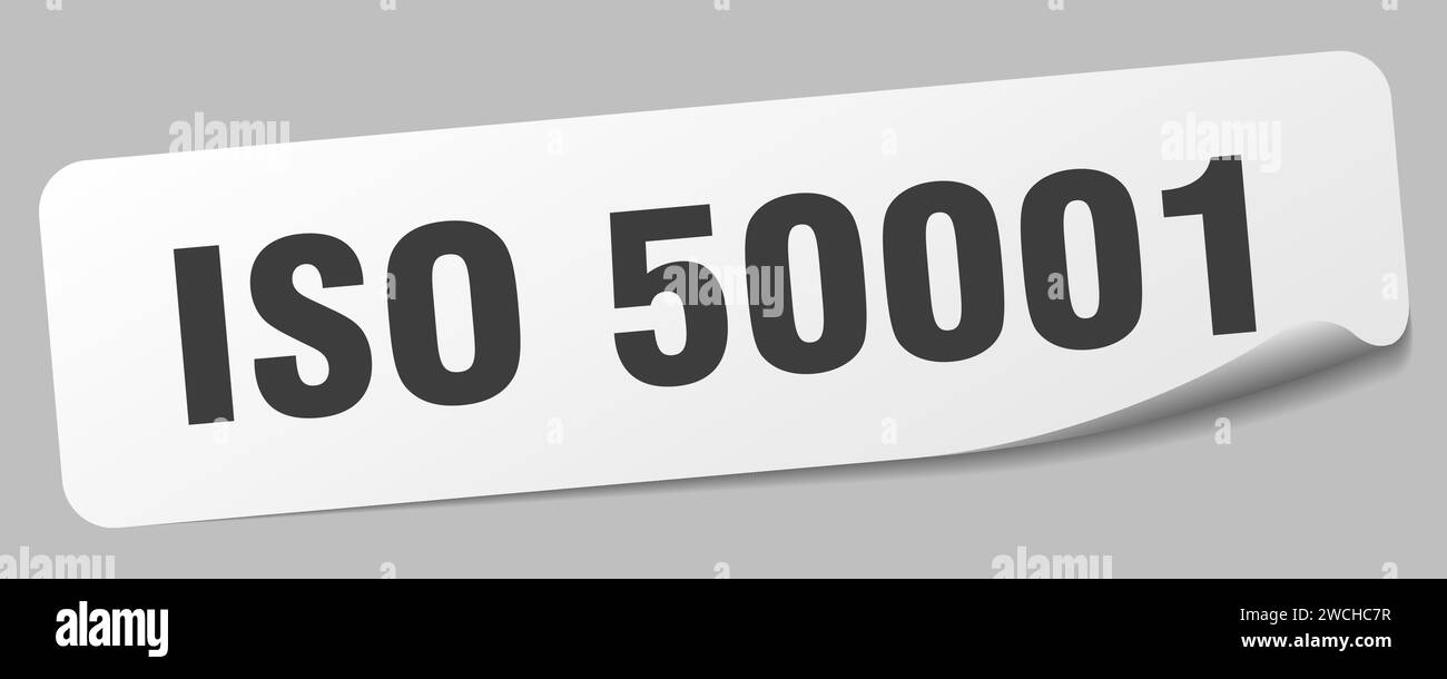 Aufkleber nach iso 50001. Rechteckiges iso 50001-Etikett isoliert auf weißem Hintergrund Stock Vektor