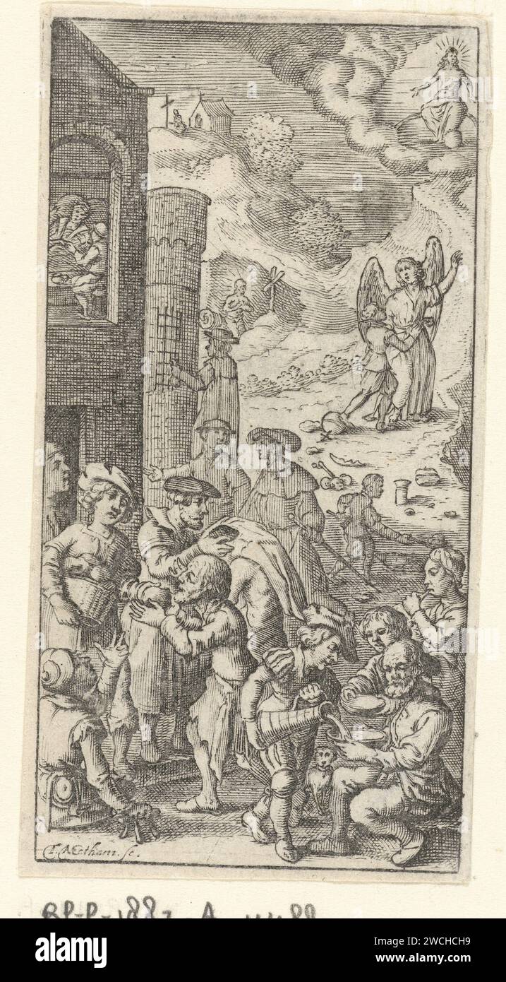 Werke von Mercy, Theodor Matham, 1626 Print Feeding and Dressing the Armen in the Foreground. Links ein Haus, in dem ein Fenster zu sehen ist, wie eine kranke Person versorgt wird. Einem Reisenden wird Unterschlupf für das Haus angeboten. Rechts im Hintergrund wird ein junger Mann von einem Engel in den Himmel geführt, der einen reichen Apfel trampelt. Papier, das die (sieben) Akte der Barmherzigkeit graviert Stockfoto