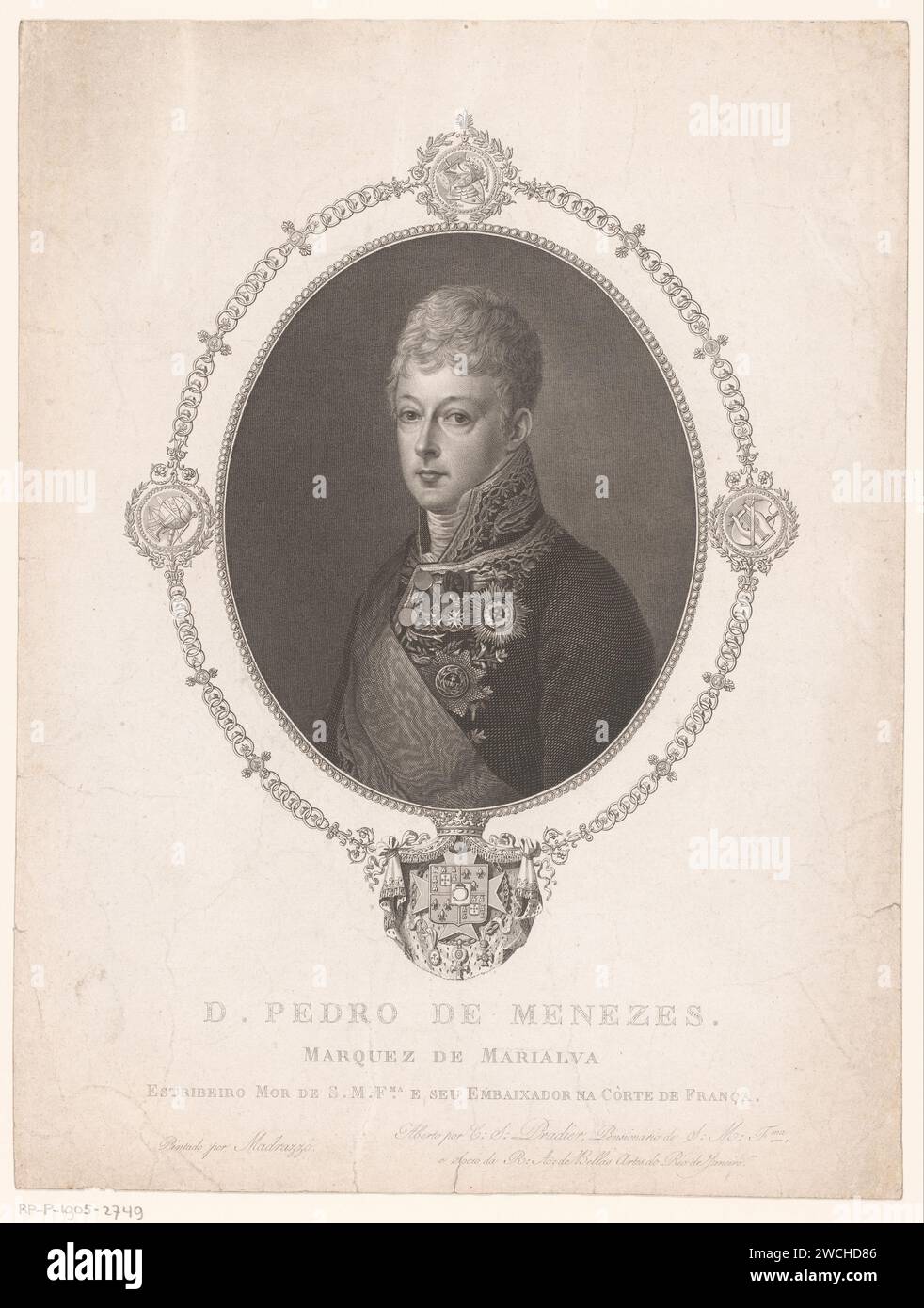 Portret Van Pedro José de Meneses Coutinho, Charles Simon Pradier, nach José de Madrazo y Agudo, 1793 - 1847 Druckpapier Gravur historischer Personen. Botschafter Stockfoto