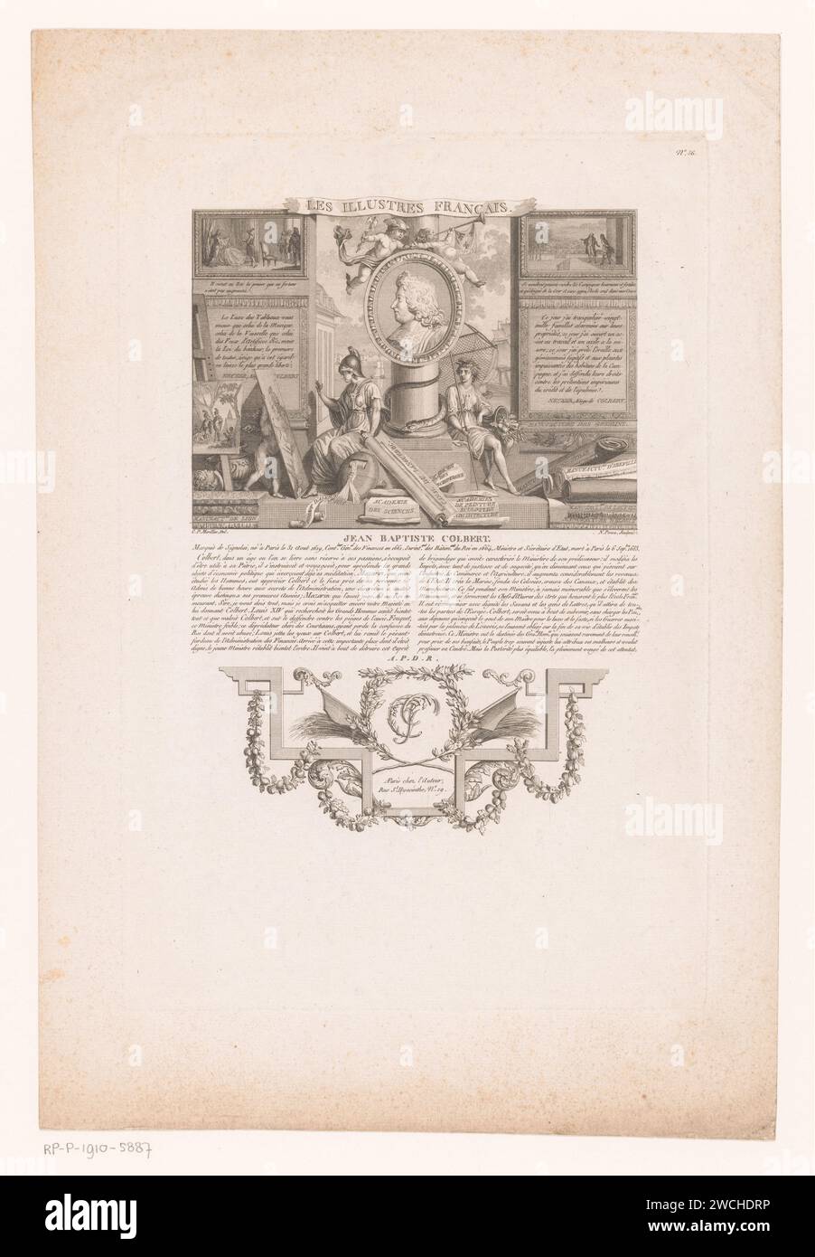 Allegorisch Portret van Jean -Baptiste Colbert, Nicolas Ponce, nach Clément Pierre Marillier, 1790 - 1816 Druckverlag: ParisFrance Papierätzung / Gravur historischer Personen. Politiker, z. B. Parteiführer Stockfoto