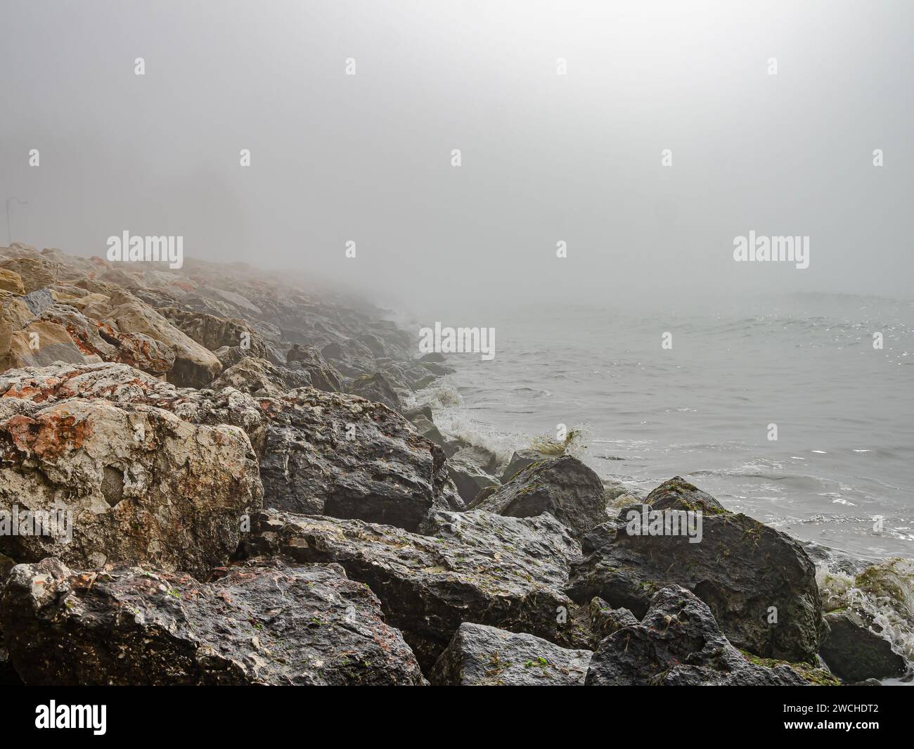 Steine am Meer im Nebel. Stockfoto