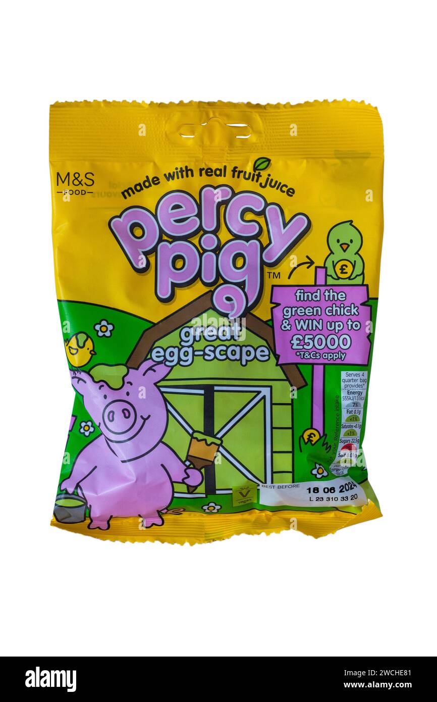 Percy Pig großartige Süßigkeiten aus Eierlandschaft mit echtem Fruchtsaft isoliert auf weißem Hintergrund - hergestellt mit echtem Fruchtsaft Stockfoto