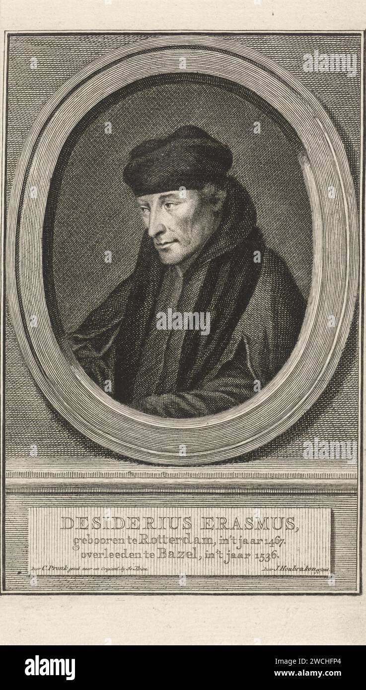 Porträt von Desiderius Erasmus, Jacob Houbraken, nach Cornelis Pronk, 1790–1796 Druck Porträt links von Desiderius Erasmus in einem Oval. Das Porträt liegt auf einem Sockel, auf dem Name und Daten in drei Zeilen in Niederländisch stehen. Amsterdamer Papierstich Stockfoto