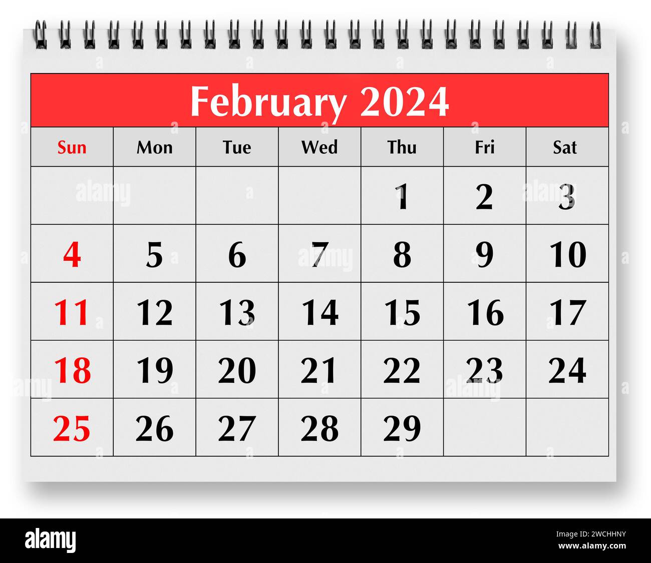 Eine Seite des jährlichen Monatskalenders - Monat Februar 2024 Stockfoto