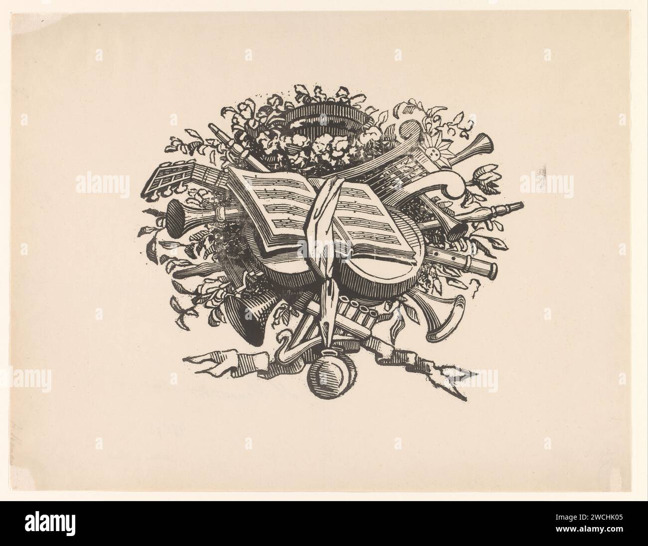 Musikinstrumente und eröffnetes Musikbuch, Hendricus Joannes Petrus Hanau, 1850 - 1878 Druck niederländische Papier Musikinstrumente; Gruppe von Musikinstrumenten. Gedruckte Ausgabe der Musicalpartitur Stockfoto