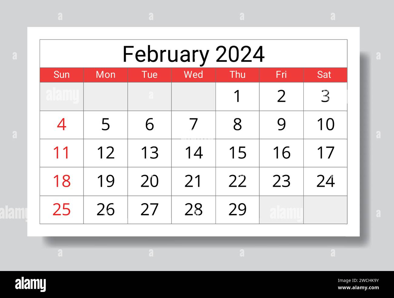 Februar 2024 ENGLISCHER Monatskalender. Vektorgrafik zum Drucken. Monatliche Planung für Ihre Veranstaltungen Stock Vektor
