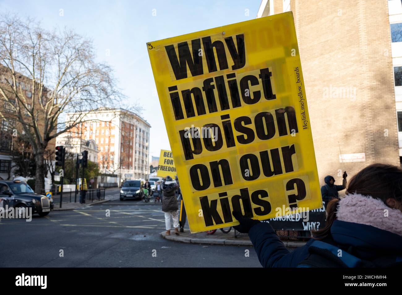 Anti-vax-Demonstranten hielten gelbe Plakate mit Anti-Impfstoff-Slogans am ersten Tag, an dem der ehemalige Premierminister Boris Johnson am 6. Dezember 2023 in London, Vereinigtes Königreich, an der COVID-19-Untersuchung des Vereinigten Königreichs teilnahm. Die COVID-19-Untersuchung des Vereinigten Königreichs ist eine unabhängige öffentliche Untersuchung der Reaktion des Vereinigten Königreichs auf die Coronavirus-Pandemie und der Auswirkungen dieser Pandemie. Impfzögerungsgruppen, die als Anti-Vaxxer oder Anti-vax bezeichnet werden, sind im Allgemeinen gegen eine Impfung. Stockfoto