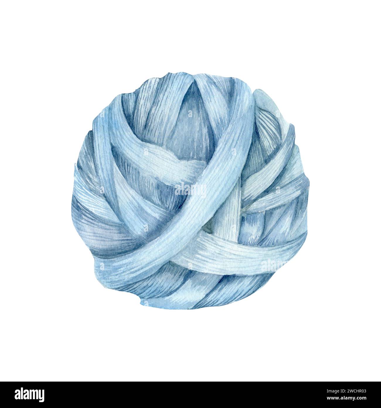 Aquarellfarbe weiche blaue Garnkugel Illustration. Handgemacht, handgemacht, Hobby. Stricknadelkollektion für Wollgeschäft, Label, Logo-Design. Stockfoto