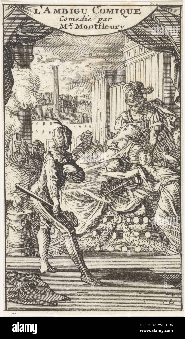 NAR sieht Dido auf dem Scheiterhaufen sterben, nachdem sie sich mit einem Dolch erstochen hat, Caspar Luyken, 1698 Druck Amsterdam Papier ätzend (Geschichte von) Dido - Tod. hofnarr, Hofnarr Stockfoto