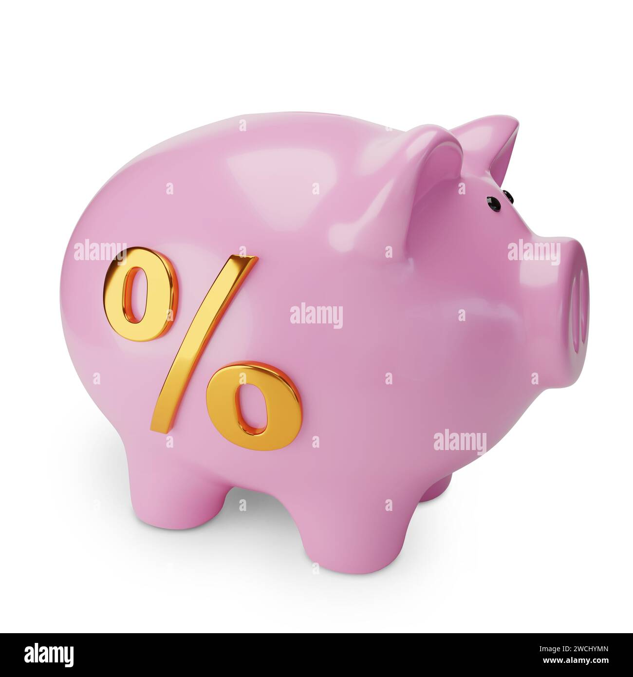 Schweinebank mit goldenem Prozentzeichen isoliert auf weißem Hintergrund. 3D-Abbildung. Stockfoto