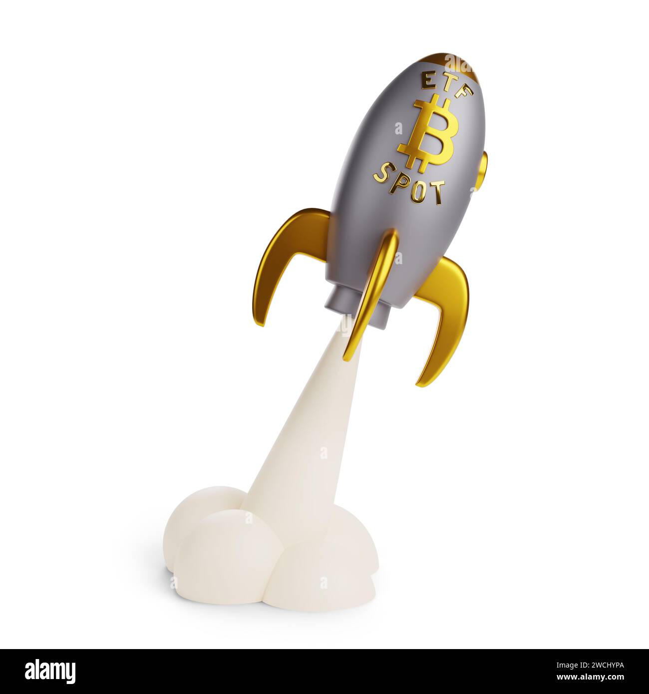Cartoon-Raumflugzeug mit Bitcoin ETF-Spot-Schild, das isoliert auf weißem Hintergrund abhebt. 3D-Abbildung. Stockfoto