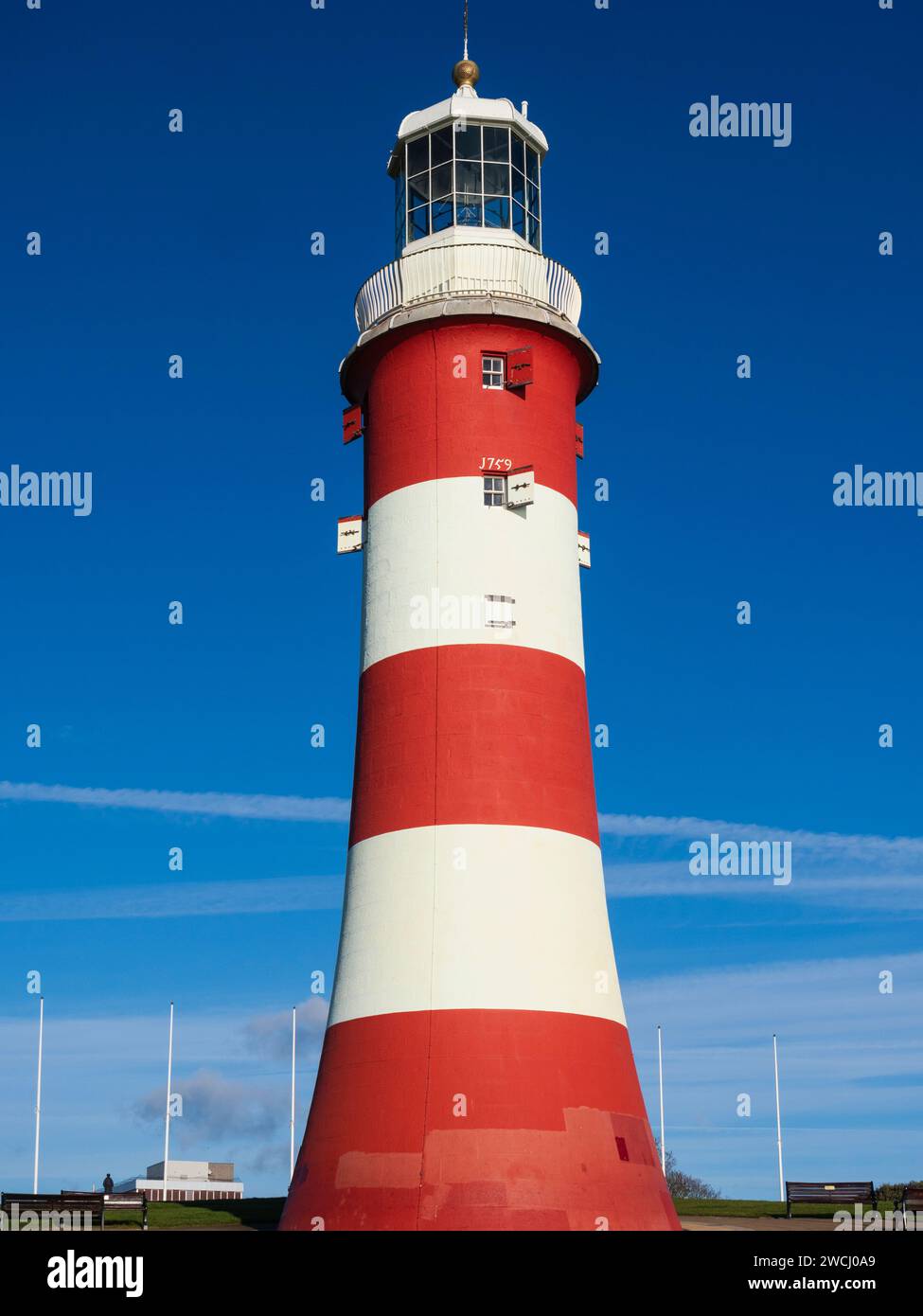 Smeatons Turm, der dritte Leuchtturm von Eddystone, befand sich in Plymouth Hoe als Denkmal für John Smeaton Stockfoto