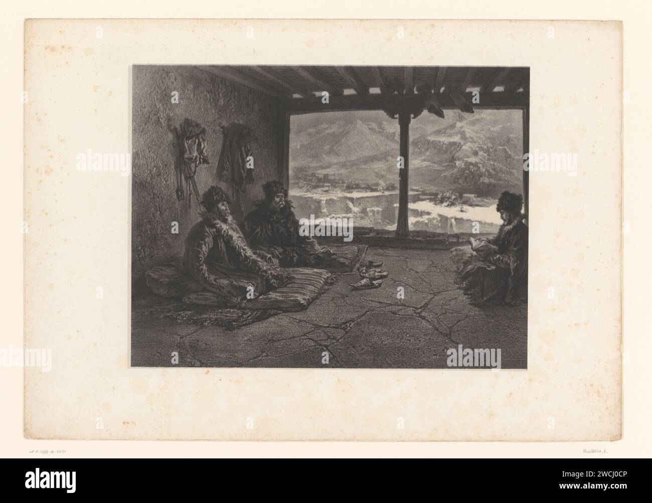 Vortrag des Chariats von Chosrakh in Dagestan, Adolphe Mouilleron, nach Grigori Gagarin (Prinz), 1847 - 1855 Druckpapieransicht durch ein Fenster. Berge. Sitzende Figur. Geschichtenerzähler; hört Geschichtenerzähler Dagestan Stockfoto
