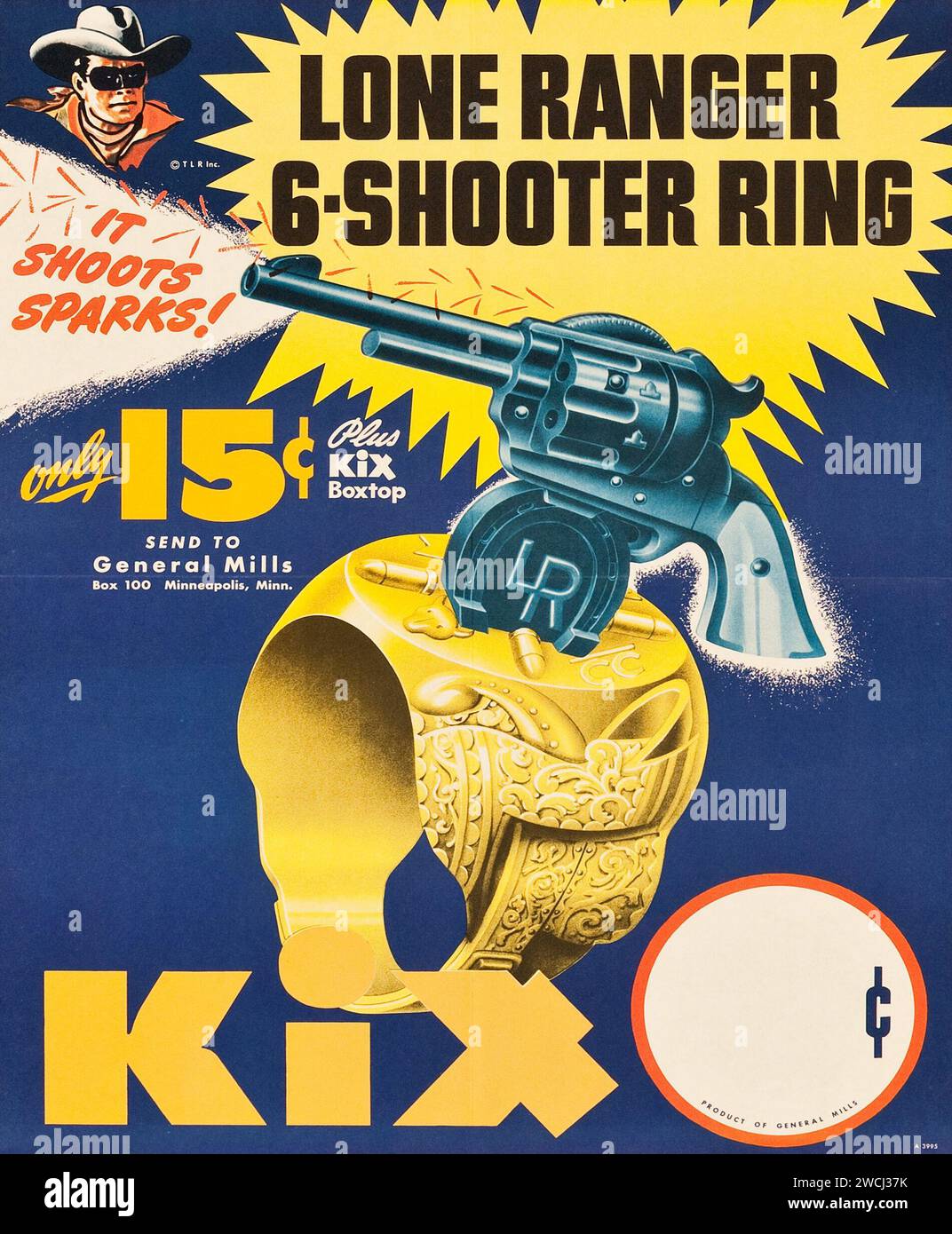 The Lone Ranger 6-Shooter Ring, Spielzeugpistole - Kix Cereal (General Mills, 1947) Werbeplakat Stockfoto