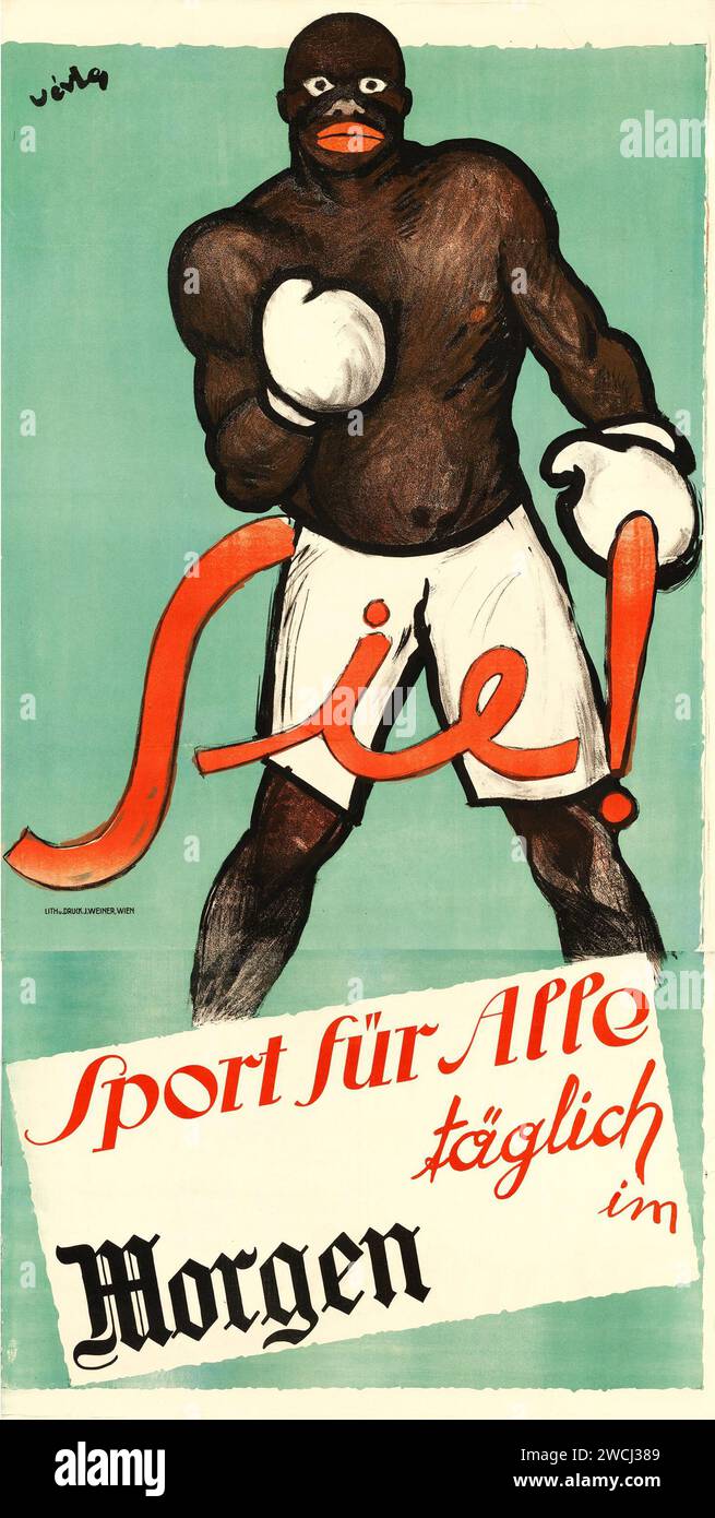Sie! Deutsche Sportwerbung Meisterleistung Boxer Jack Johnson - ca. 1910 - Boxerplakat, Sport für alle - Morgen - deutsches Poster Stockfoto
