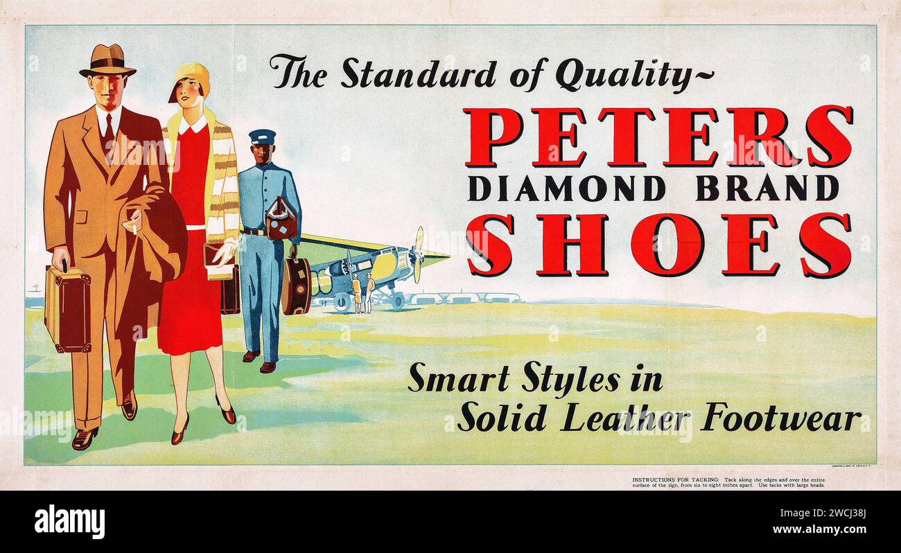 Schuhe der Marke Peters Diamond (Compton & Sons, ca. 1930er Jahre). Schuhwerbung Poster - solide Lederschuhe - Meisterleistung ein Paar und ein Vintage-Flugzeug Stockfoto