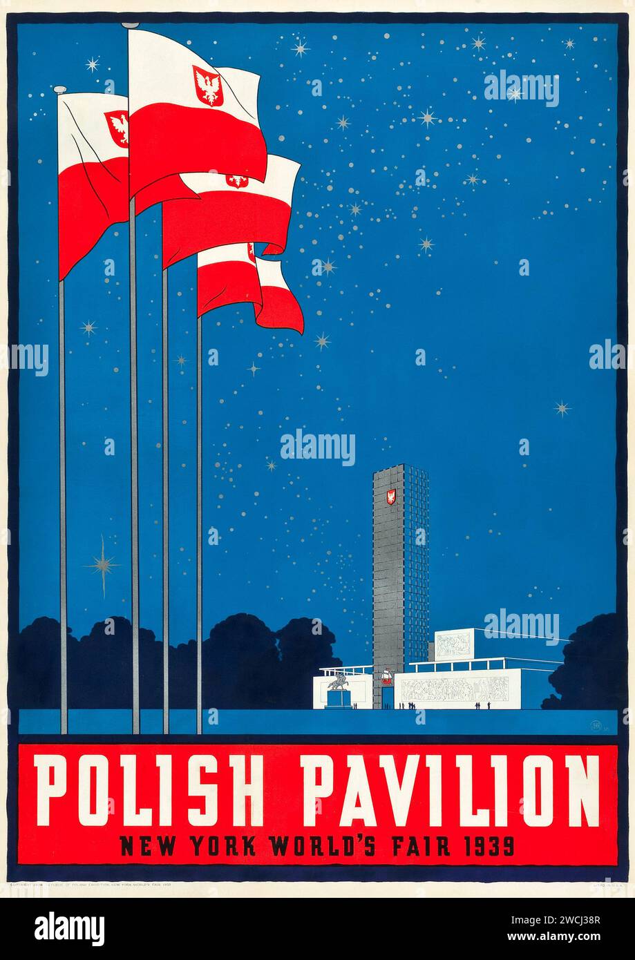 New York World's Fair Travel Poster (ca. 1939). „Polnischer Pavillon“, Kunstwerk von Jerzy Hryniewiecki – amerikanisches Poster Stockfoto