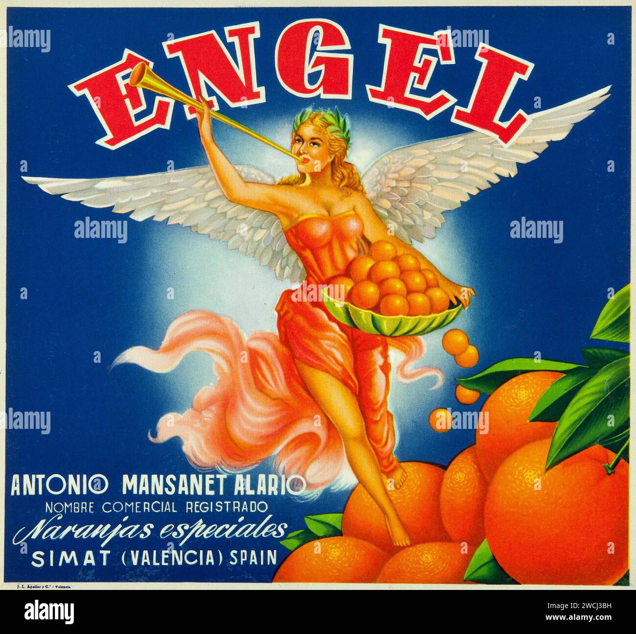 Engel Orangen - Vintage-Werbeplakat - Valencia Spanien 1950 - Frau mit Orangen. Antonio Mansanet Alario Stockfoto