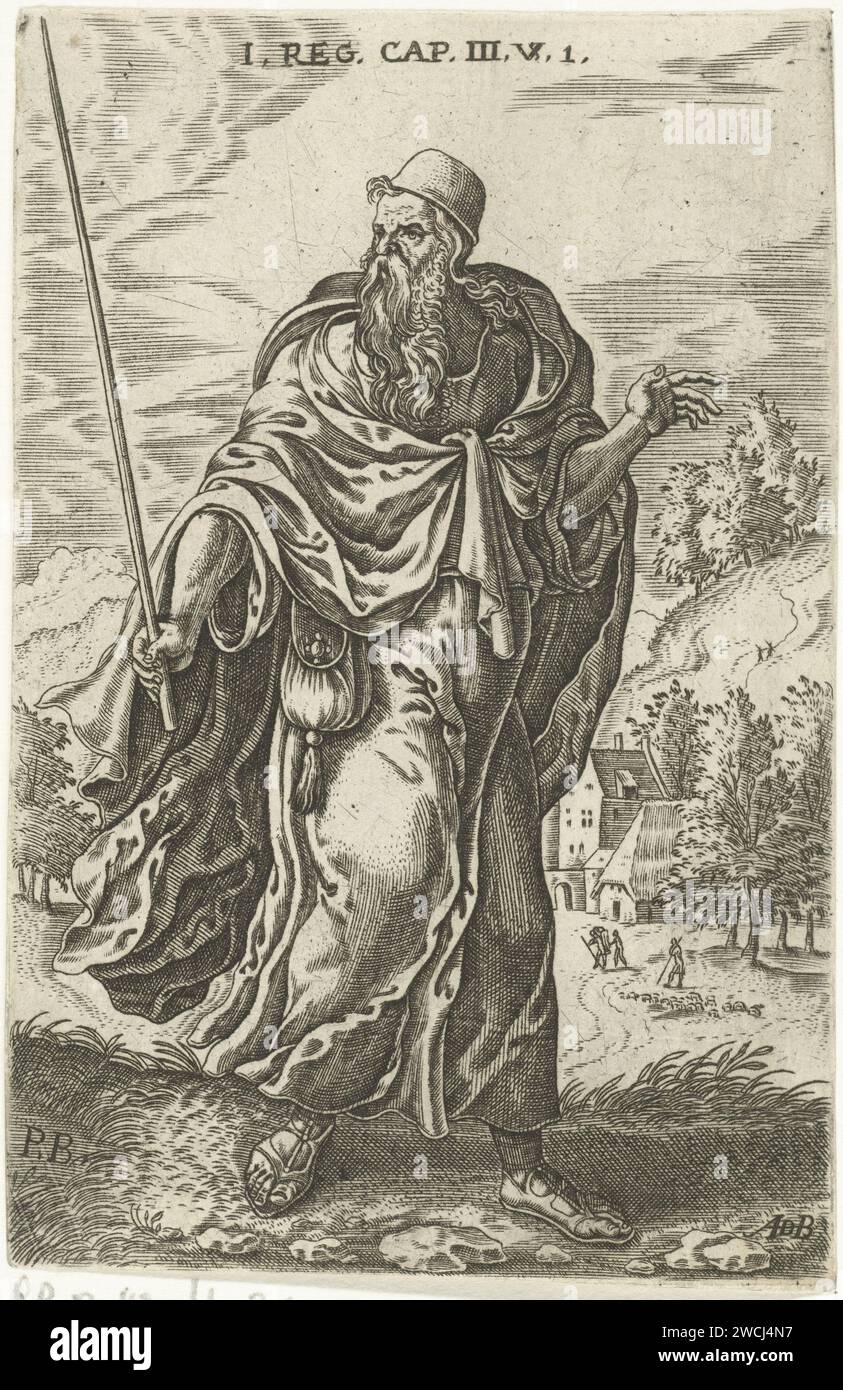 Prophet Samuel, Abraham de Bruyn, nach Pieter van der Borcht (I), 1550–1587 Druck des Propheten Samuel. Er hat die rechte Hand in der linken Hand. Eine Landschaft im Hintergrund. Auf dem Druck befindet sich ein Hinweis auf das Alte Testament (1 Könige 3,5.1). Antwerpener Papiergravur männlicher Personen aus dem Alten Testament (mit NAMEN) (nicht im biblischen Kontext) Stockfoto