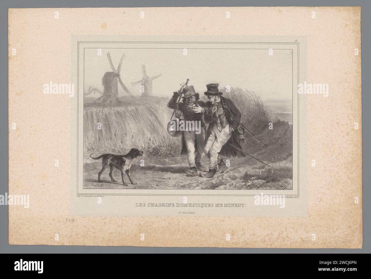 Zwei Musiker gehen mit Hunden vorbei an Mühlen, Denis Auguste Marie Raffet, 1836 gedrucktes Pariser Papier. Musiker. Horn, Trompete, Kornett, Posaune, Tuba. Violine, Geige. Windmühle in der Landschaft. Hund Stockfoto