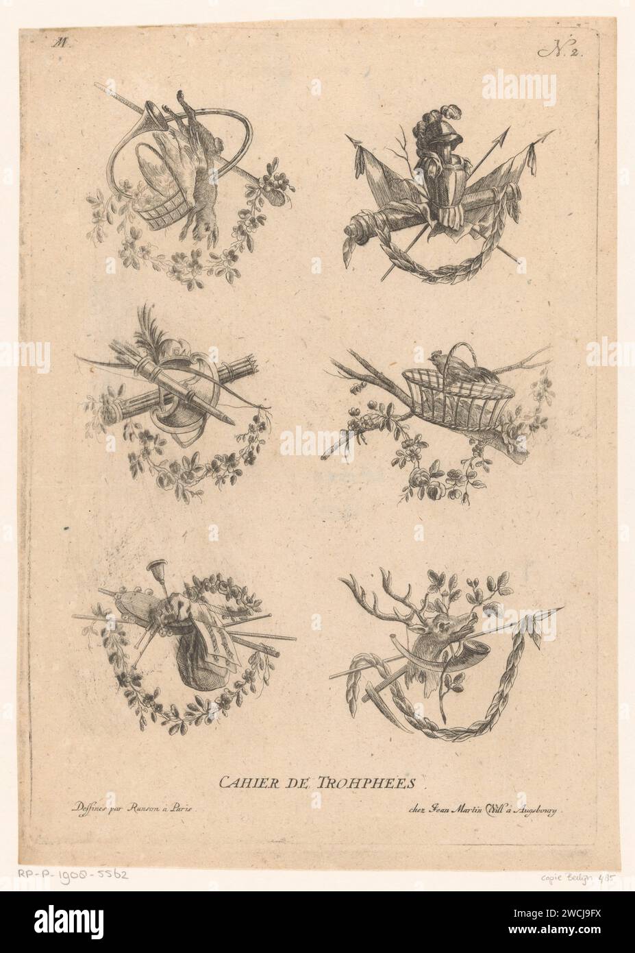 Trophäen mit Jagdattributen und Waffen, anonym, nach Pierre Ranson, in oder nach 1772 - 1806 drucken sechs Trophäen mit verschiedenen Attributen wie Schussspiel, Körbe, Jagdhorn, Harness, Fahnen, Waffen und Musikinstrumente. Nach Zeichnung von: Parispublisher: Augsburger Papierätztrophäe, d.h.: Dekorative Anordnung symbolischer oder typischer Objekte  Ornament. Jagen, jagen. Waffen Stockfoto