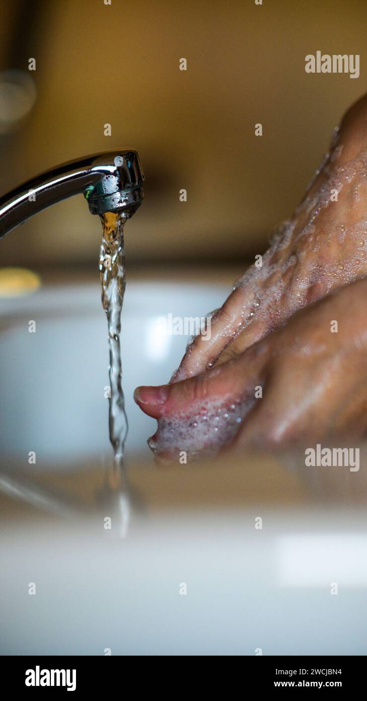 Die Frau wäscht sich die Hände unter fließendem Wasser, benutzt Seife. Stockfoto