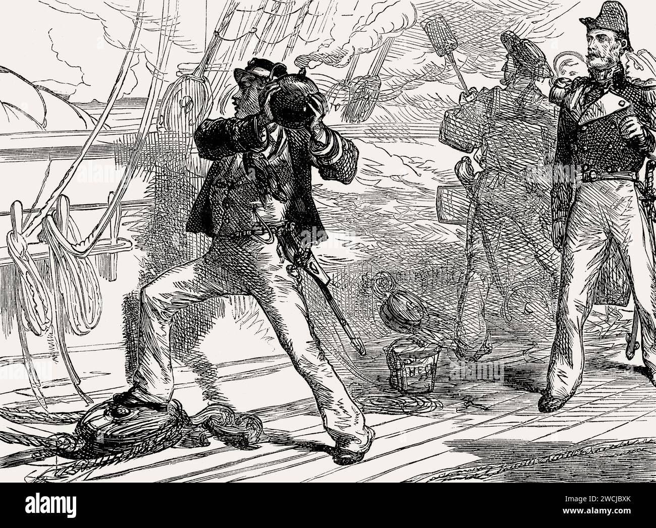 Lieutenant Charles Davis Lucas wirft eine Granate über Bord, HMS Hecla, Bombardement von Bomarsund, Åland-Krieg, Krimkrieg, Juni 1854 Stockfoto