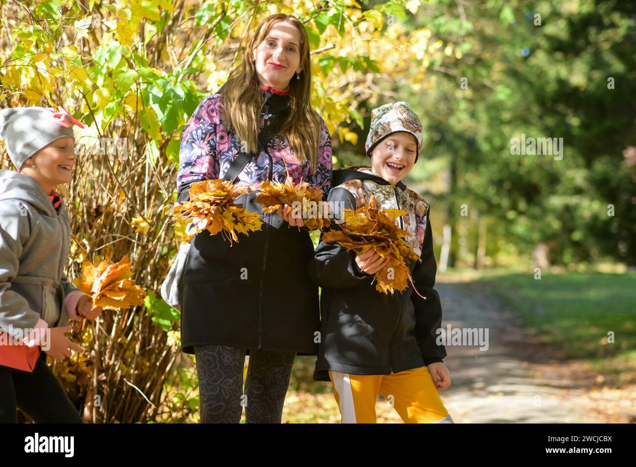 Junge lächelnde Familie mit kleinen Kindern, die schön farbige Herbstblätter halten, Nahaufnahme, verschwommener Hintergrund. Stockfoto