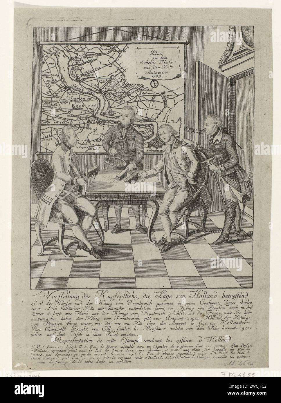 Cartoon on the Treaty of Fontainebleau, 1785, Anonym, 1785–1786 Print Cartoon on the Peace Closed in Paris, welches den Ketelkrieg beendete, die Streitigkeiten zwischen den Niederlanden und dem österreichischen Kaiser Joseph II., 8. November 1785. In einem Raum verteilen der österreichische Kaiser und der französische König Ludwig XVI. Einen niederländischen Käse. Frederik van Preußen betritt den Raum und will auch mit dem Käse essen. Der Kurfürst von Köln wischt die Krümel vom Tisch ab. An der Wand eine Wandkarte der Schelde und der Stadt Antwerpen, wo der Vorfall mit dem kaiserlichen brik stattfand. Im Titel eine Erläuterung von Stockfoto
