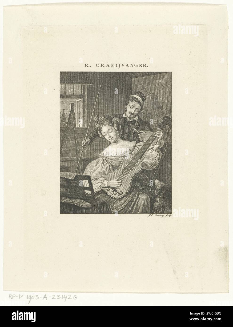 Frau spielt auf der Gitarre und ist ein Modell für den Künstler Johannes Christiaan Bendorp, nach Reinier Craeyvanger, 1776–1847 Druck Niederlande Papier Radierung / Gravur Cithern, Mandoline, Gitarre, Balalaika. Eine Person spielt ein Instrument. Kunst (+ in Werkstatt oder Studio). Art (+ Modell, Sitter) Stockfoto