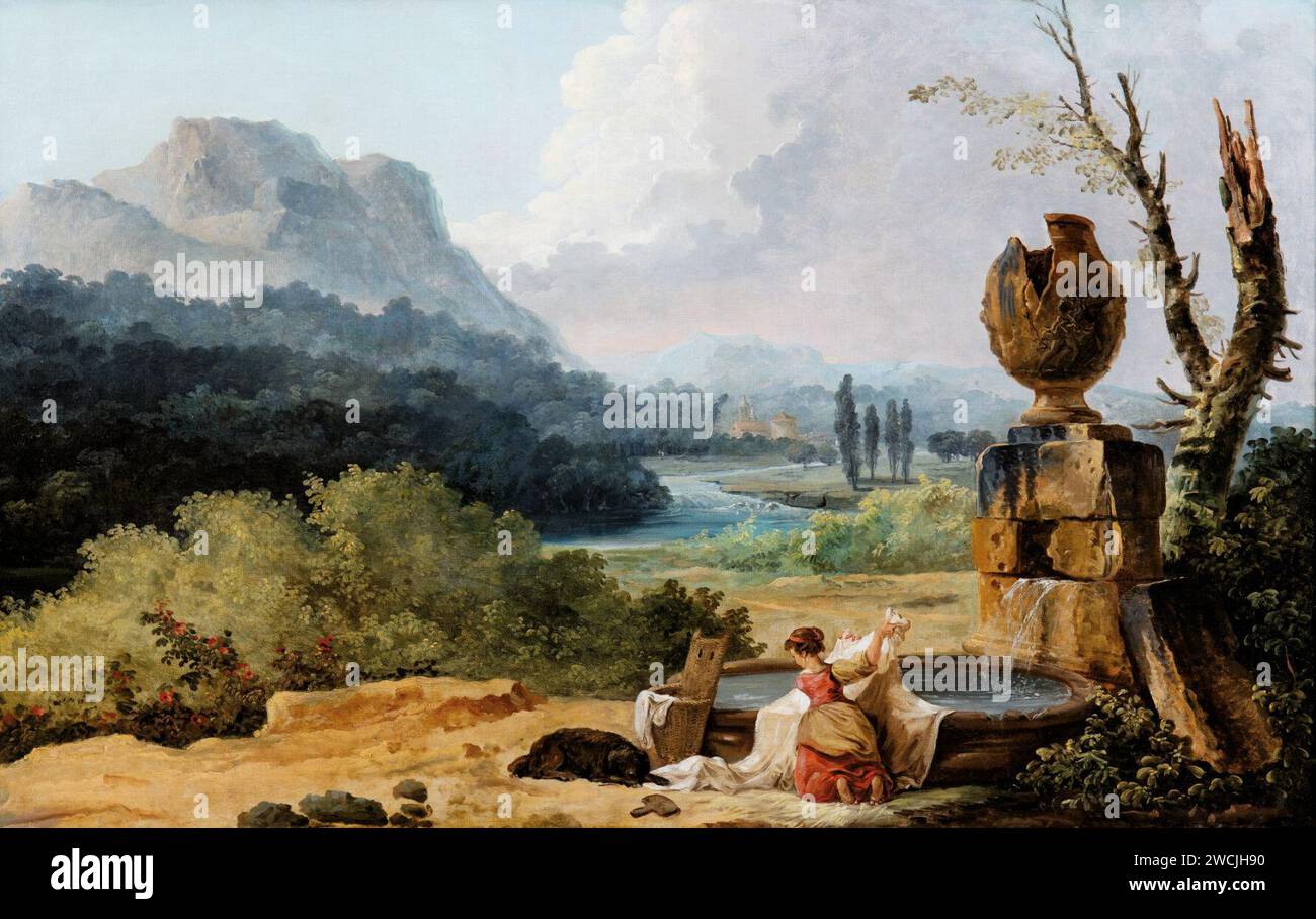 645pf0009-bl7fc-01 Washerwoman in a Landscape, von Hubert Robert (1733-1808). Stockfoto