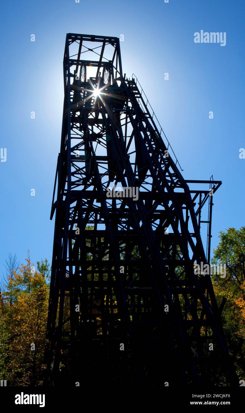 Fördergerüst, Plummer Mine Mainframe interpretativen Park, Penokee Palette Eisenstraße, Iron County, Wisconsin Stockfoto