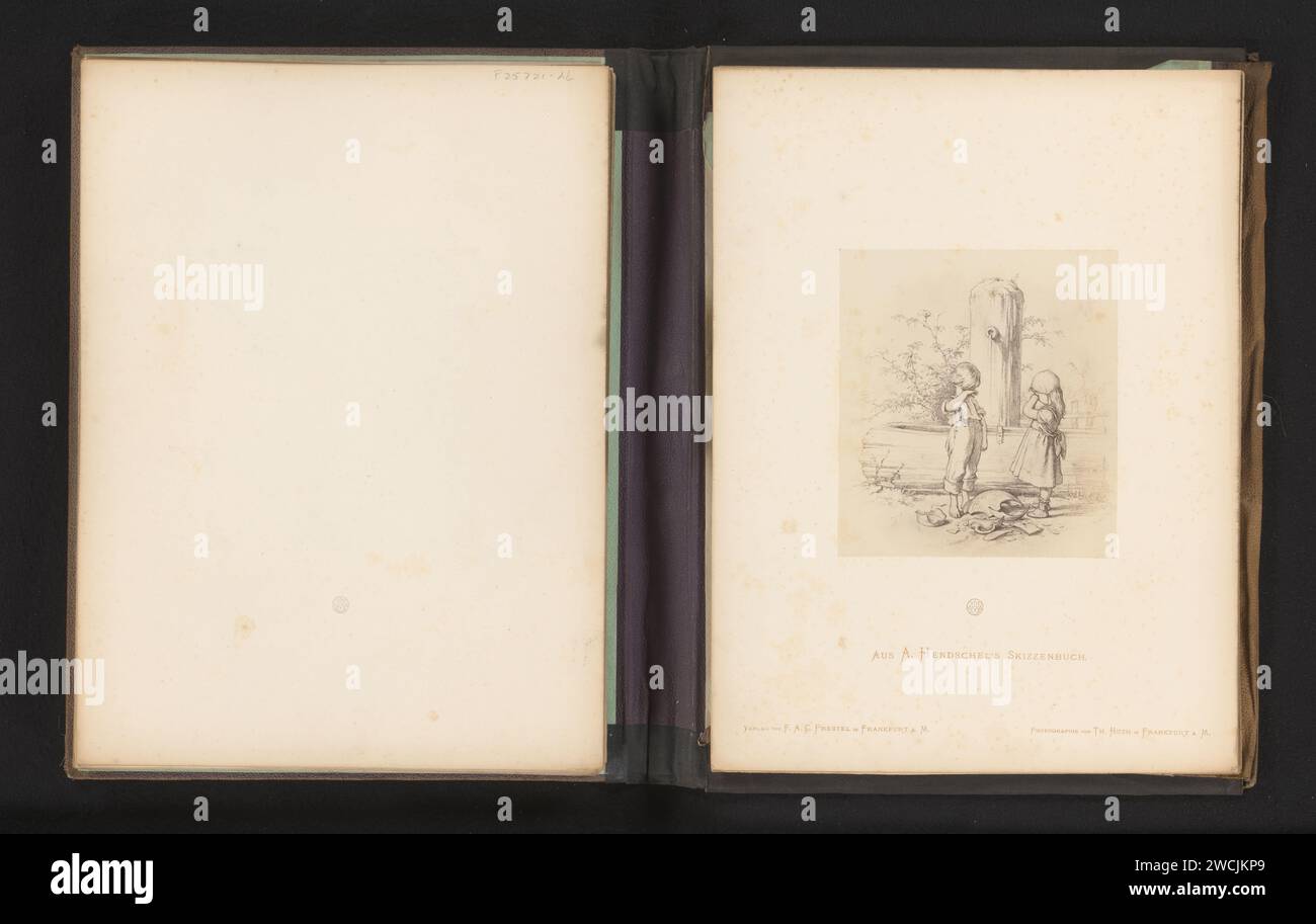 Fotoproduktion einer Skizze von zwei weinenden Kindern mit einer gebrochenen Vase an einem Brunnen, von Albert Hendschel, Theodor Huth, nach Albert Hendschel, um 1865 - in oder vor ca. 1870 Fotografie dieses Foto ist Teil eines Covers mit 50 Fotos auf 48 Blatt, eine Liste mit Bildern und eine Titelseite. Frankfurt am Main Papieralbumendruck Kind (+ zwei Personen). Na ja Stockfoto