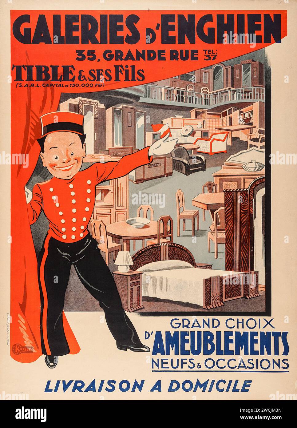 Galeries d'Enghien - Amueublements, Tile & ses fils (1920er Jahre). Französisches Werbeplakat für Möbel - Lobby Boy Stockfoto