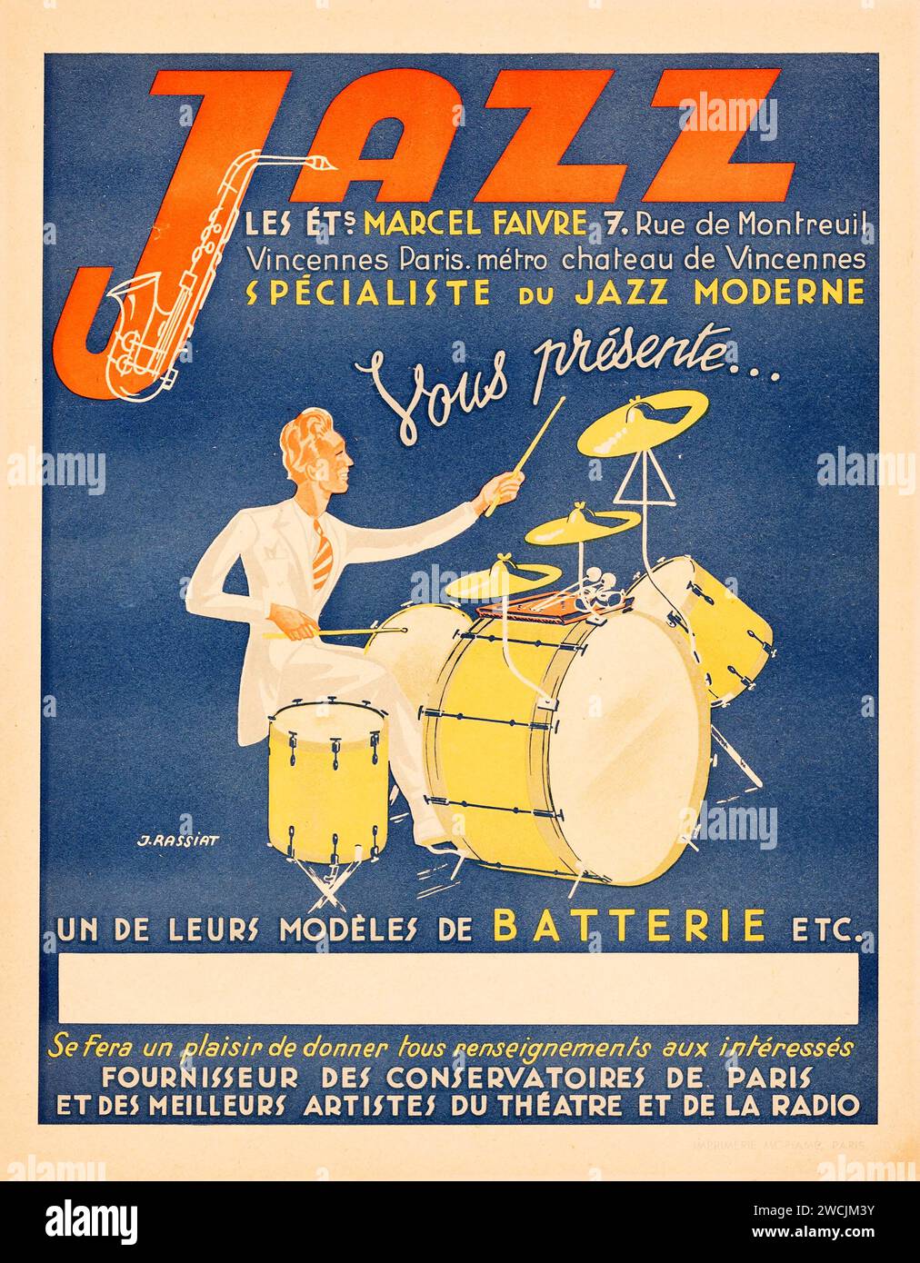Jazz les ets Marcel Faivre (1940er Jahre) französisches Vintage-Jazz-Poster mit einem Jazz-Schlagzeuger Stockfoto