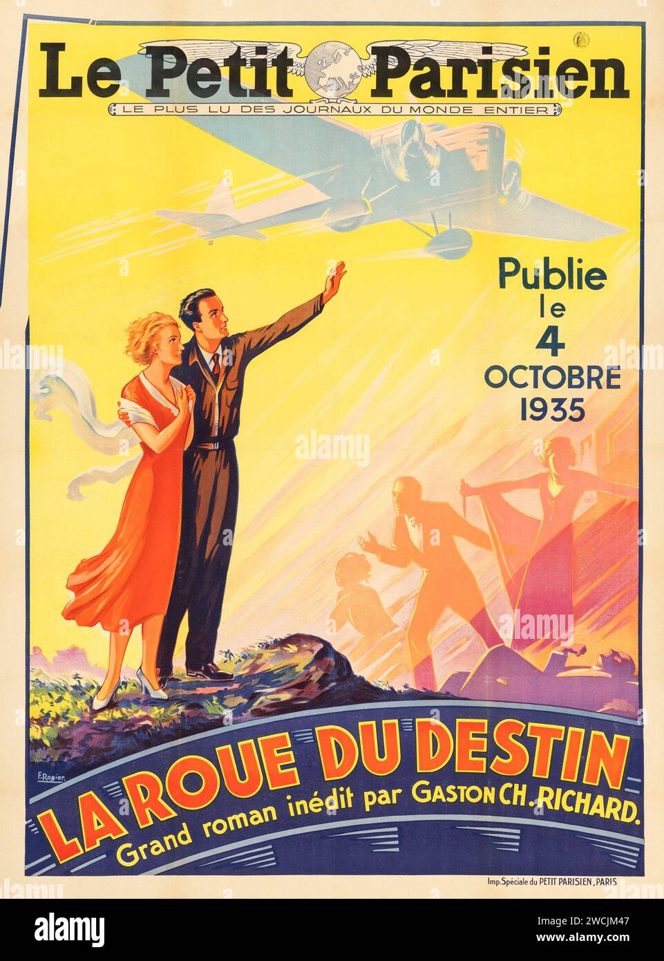 La Roue du Destin von Gaston-Charles Richard (Le Petit Parisien, 1935) Französische Zeitung Werbeplakat - F. Rogier Kunstwerk - Gaston-Charles Richard Stockfoto