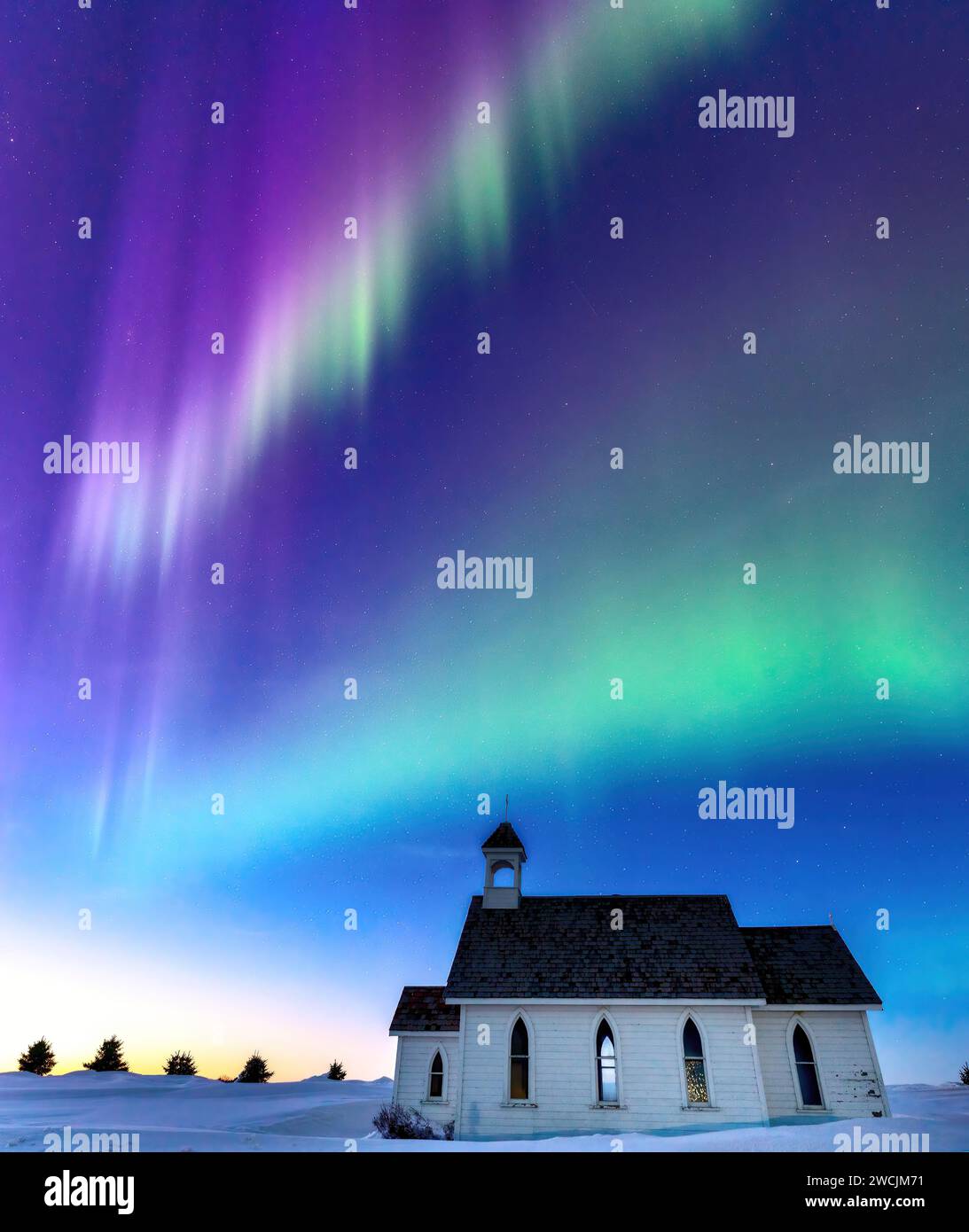 Aurora Northern Lights Saskatchewan Canada Country Church Stockfoto