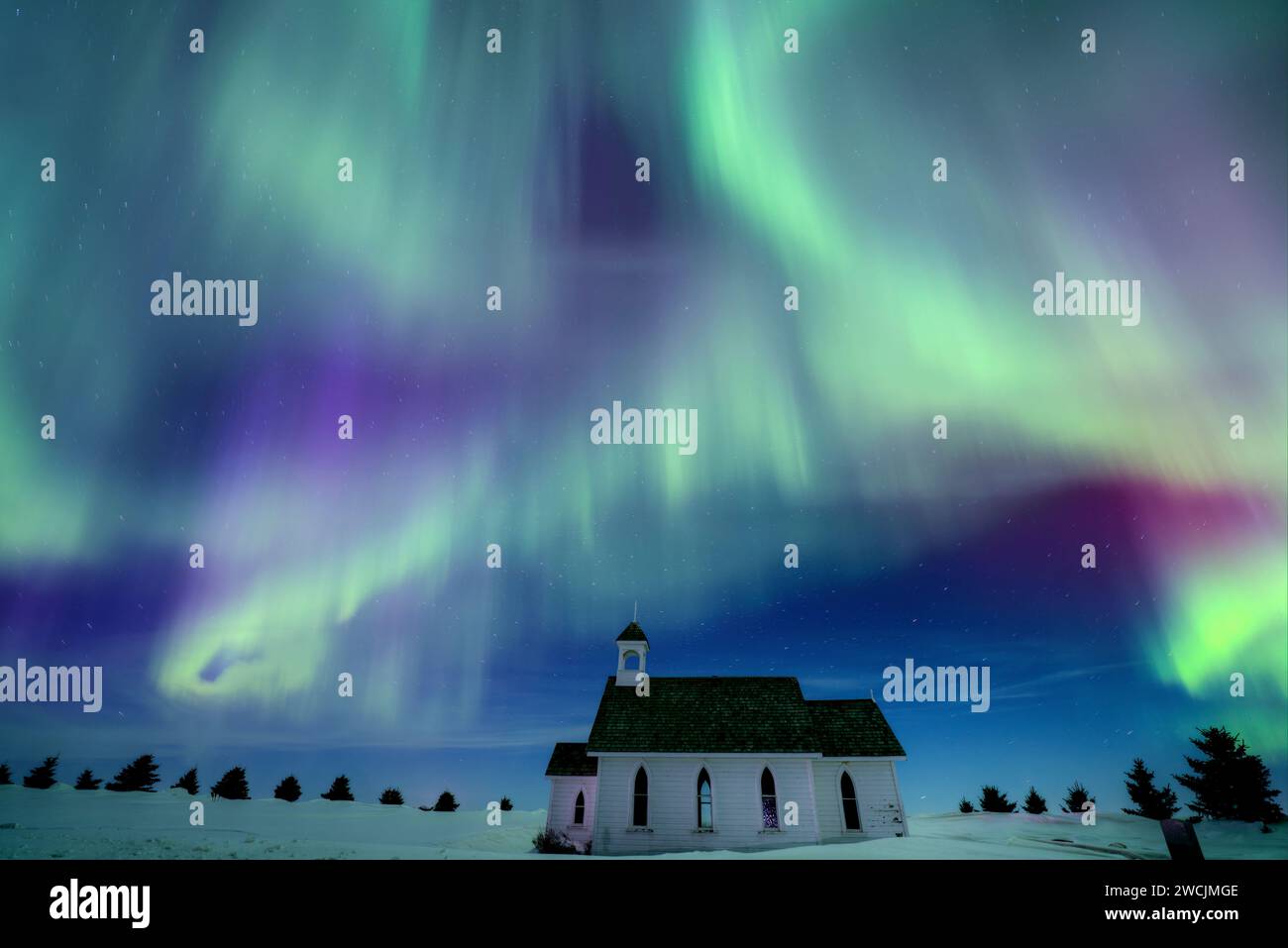 Aurora Northern Lights Saskatchewan Canada Country Church Stockfoto