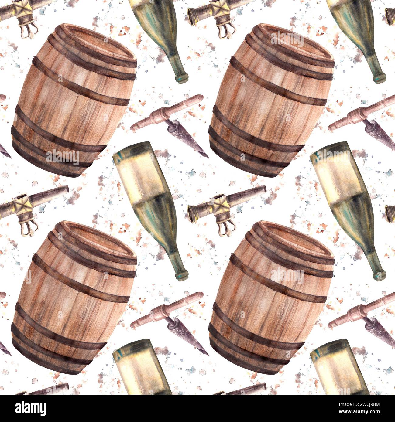 Eine Flasche Weißwein, Holzfässer, Wasserhahn und Korkenzieher mit Aquarellflecken. Nahtloses Muster. Abbildung von Hand. Clipart für die Weinherstellung Stockfoto