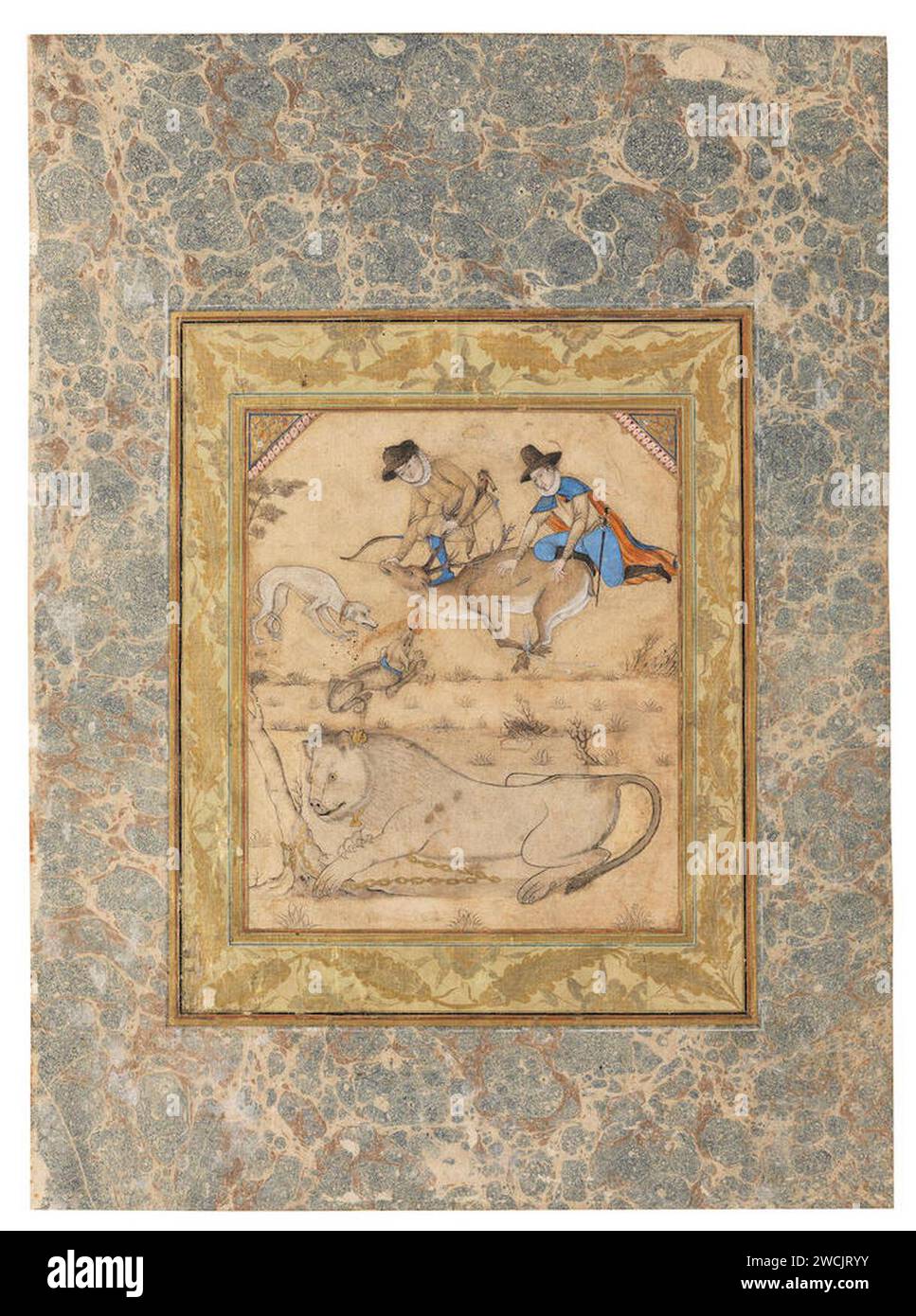 Eine Zeichnung, die einen liegenden, geketteten Löwen und zwei Europäer und ihre Hunde nach dem Töten eines Hirsches zeigt, Safawid Persia, 16. Jahrhundert. Stockfoto