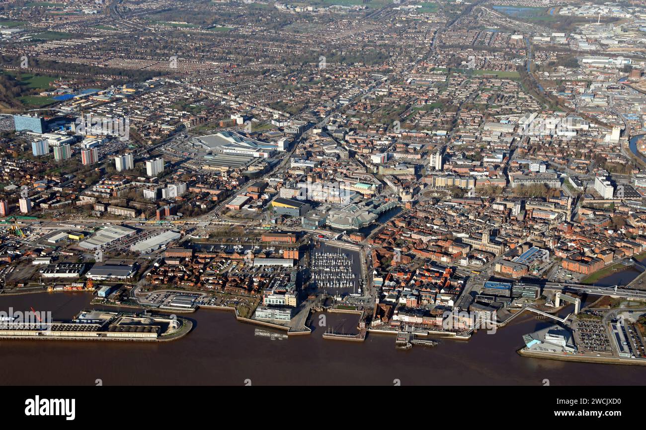 Blick aus der Vogelperspektive auf das Stadtzentrum von Hull (Kingston upon Hull) East Yorkshire. Diese Aussicht von Süden nach Norden. Stockfoto