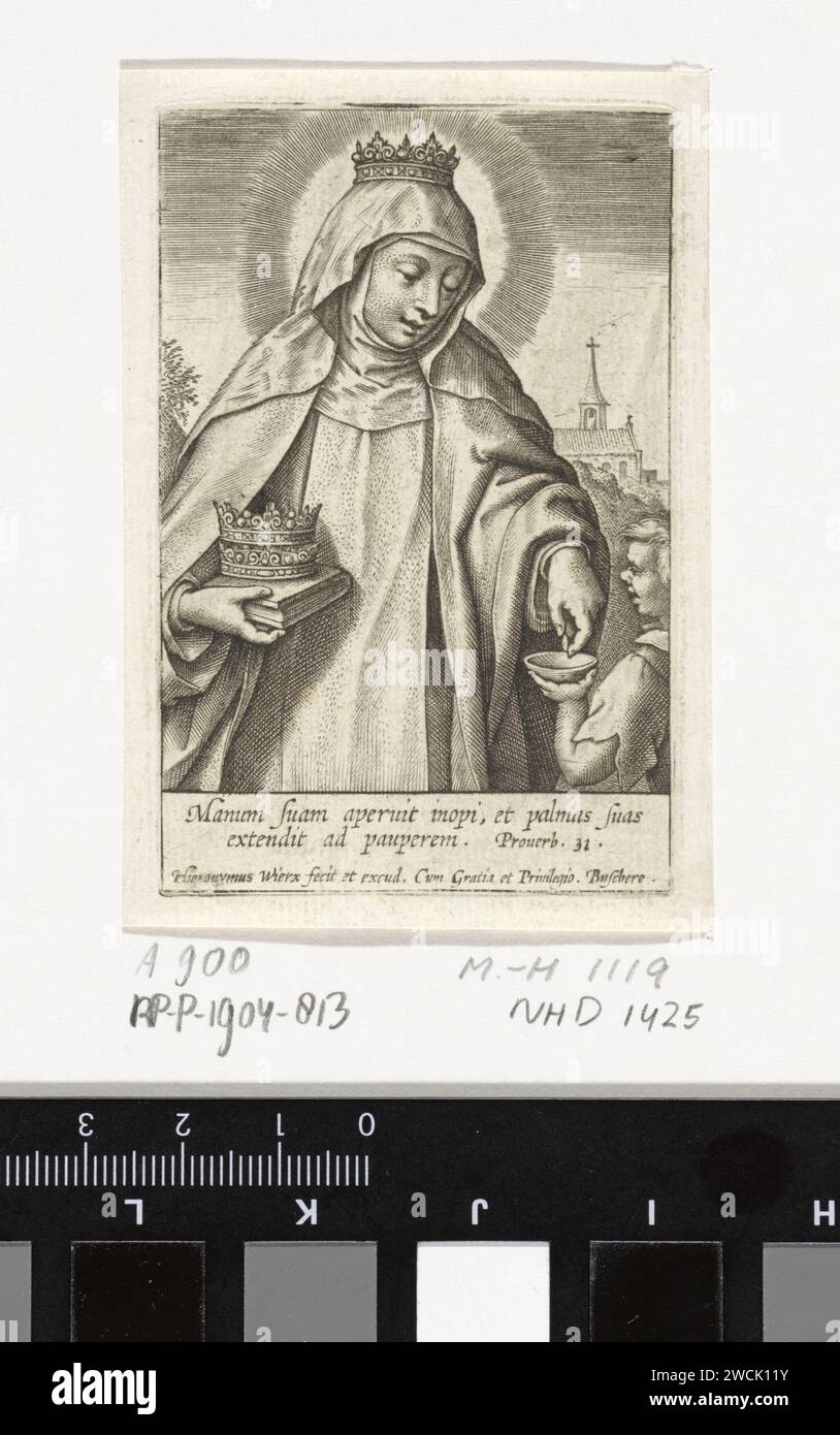 H. Elisabet van Ungarn, Hieronymus Wierix, 1563 – vor 1619 drucken die Heilige Elisabet van Ungarn, gekleidet als Franziskaner Non. Sie wird gekrönt und hält in der Hand ein Buch mit zwei Kronen. Sie gibt einem bettelnden Kind eine Münze. Rechts im Hintergrund ein Gesicht auf einer Kirche. Am Rande ein bidirektionales Bibelzitat aus SPR. 31 in lateinischer Sprache. Antwerpen Papiergravur St.. Elisabeth gibt Almosen Stockfoto