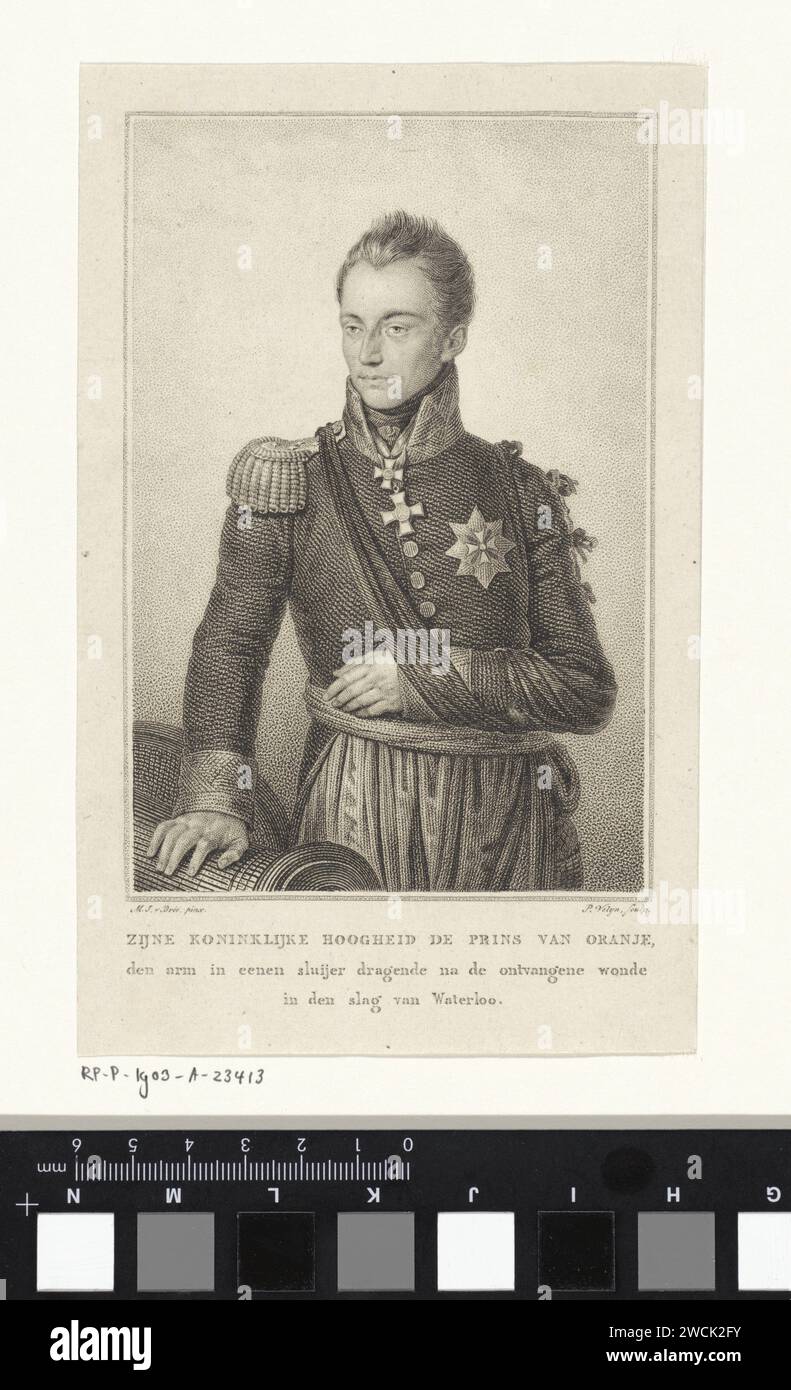 Porträt von Willem II., König der Niederlande, Philippus Velijn, nach Mattheus Ignatius van Bree, 1815–1836 Druck Porträt von Wilhelm II., König der Niederlande als Prinz von Orange, mit seinem Arm in einer Schlinge durch seine Verletzungen während der Schlacht von Waterloo. Niederlande Papierätzung / Gravur Behandlung durch Immobilisierung, Schlinge, Schiene, Gips usw. Stockfoto