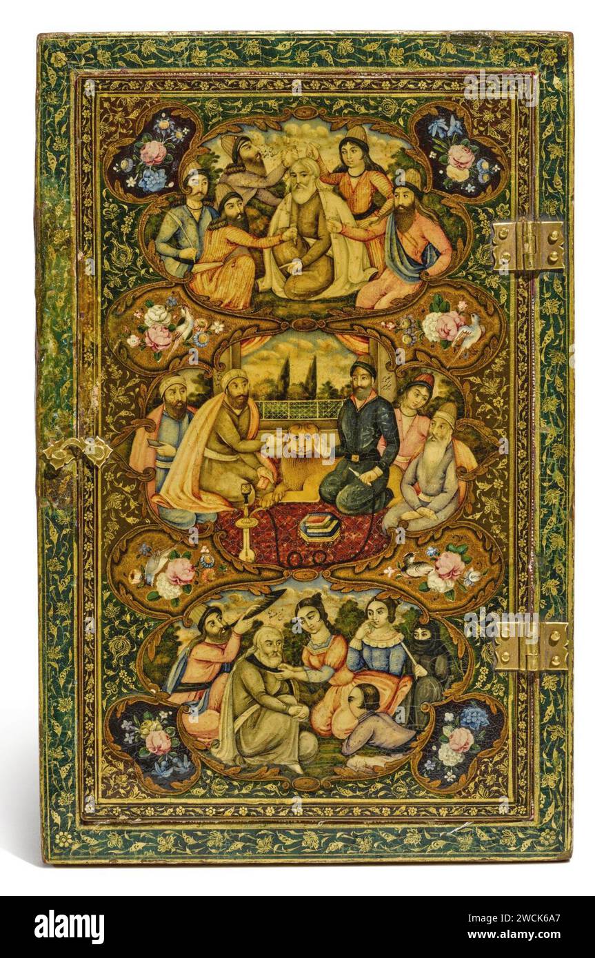 Ein polychromes Spiegelgehäuse aus Lack, das Muhammad Isma'il, Persien, Qajar, in der zweiten Hälfte des 19. Jahrhunderts zugeschrieben wird. Stockfoto